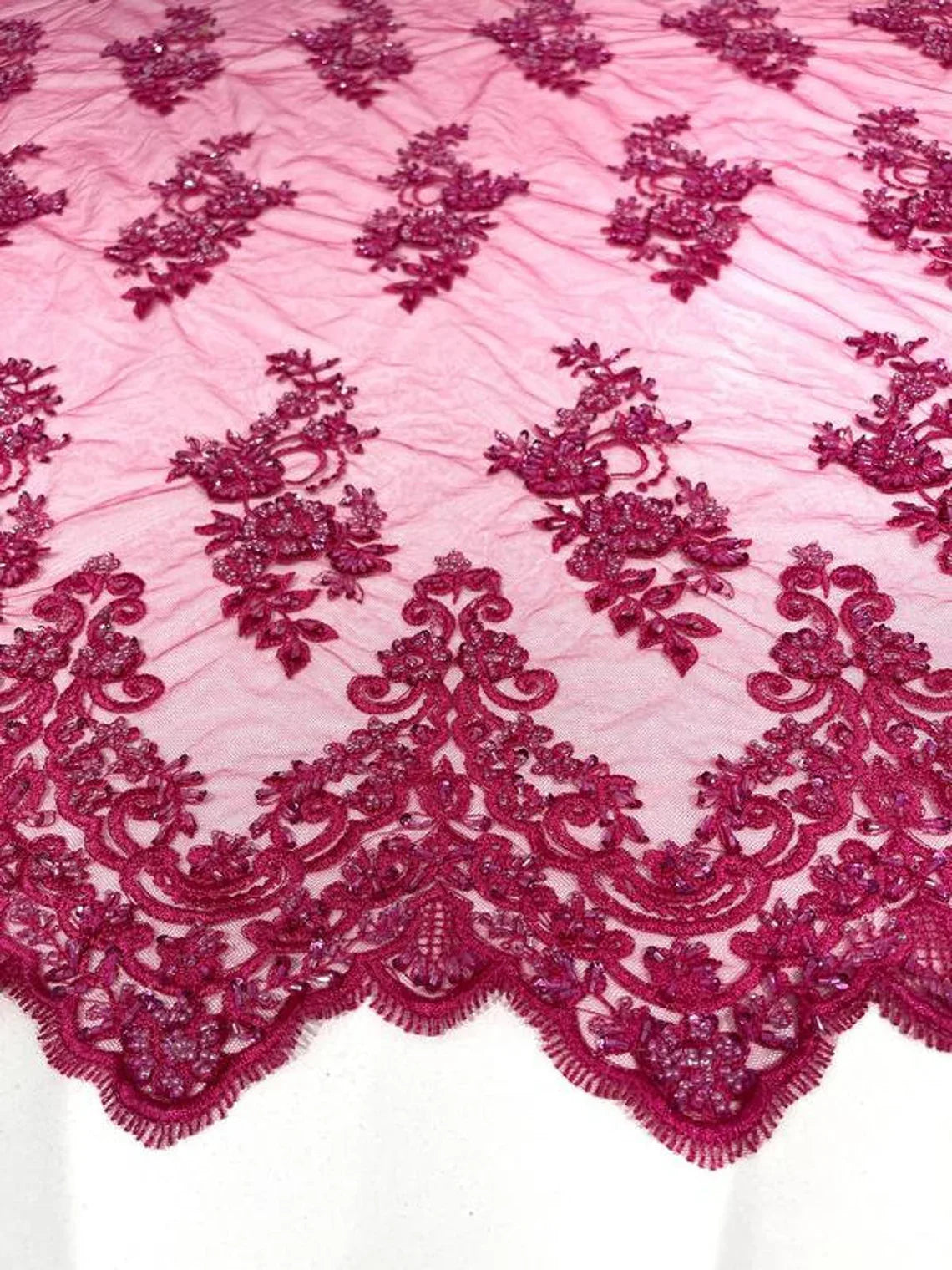 Beaded Bridal Lace - Fuchsia - Sold By The Yard Floral Embroidered Sequins Wedding Fabric