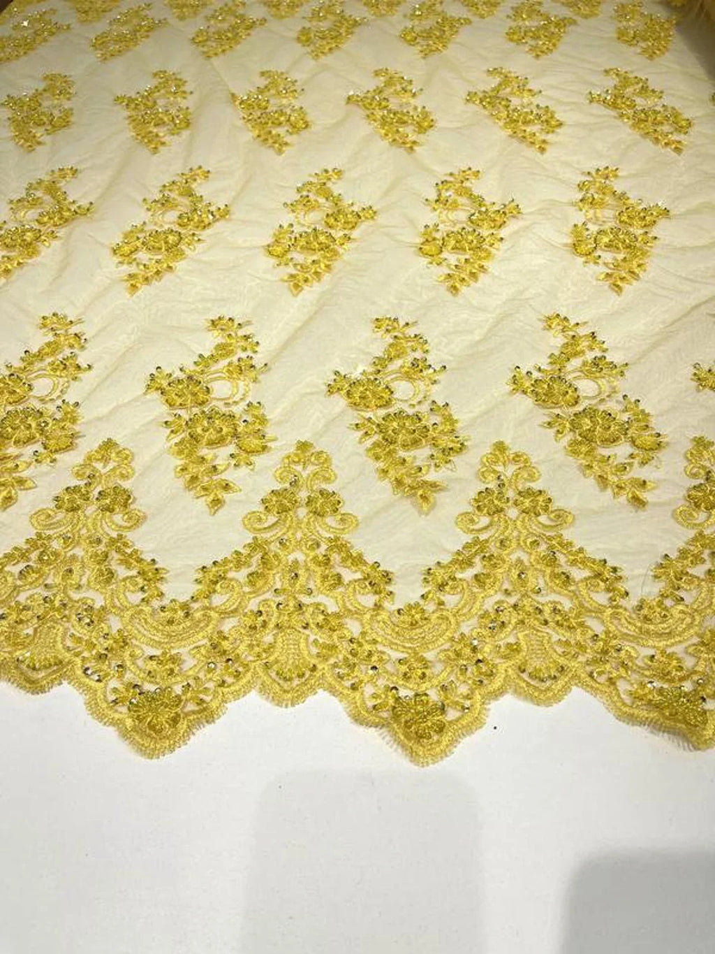 Beaded Bridal Lace - Yellow - Sold By The Yard Floral Embroidered Sequins Wedding Fabric
