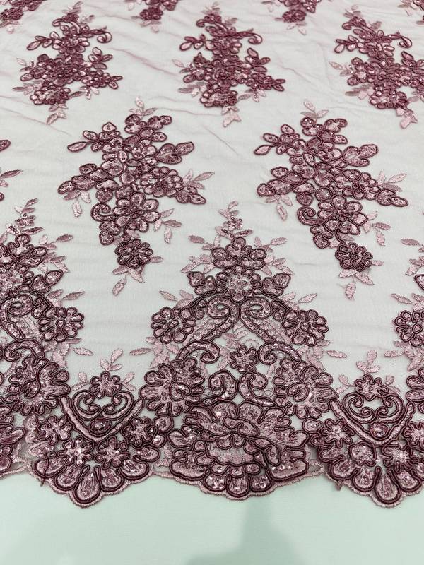 Fancy Lace Design - Dusty Rose - Flower Embroidery Design Mesh Fabric By The Yard