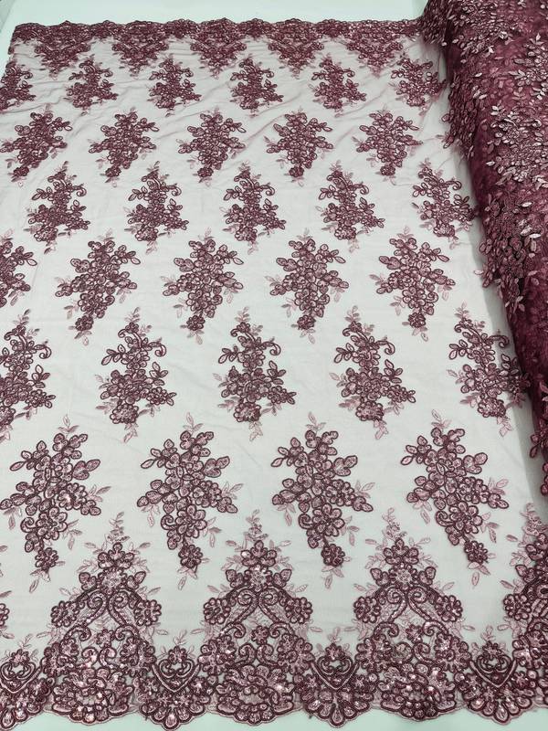 Fancy Lace Design - Dusty Rose - Flower Embroidery Design Mesh Fabric By The Yard