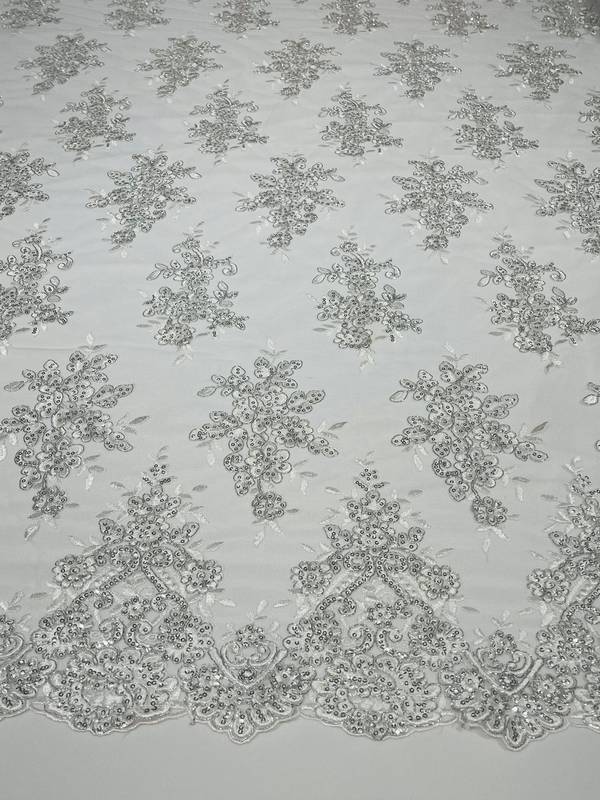 Fancy Lace Design - White / Silver Metallic Thread - Flower Embroidery Design Mesh Fabric By Yard