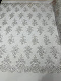 Fancy Lace Design - White / Silver Metallic Thread - Flower Embroidery Design Mesh Fabric By Yard