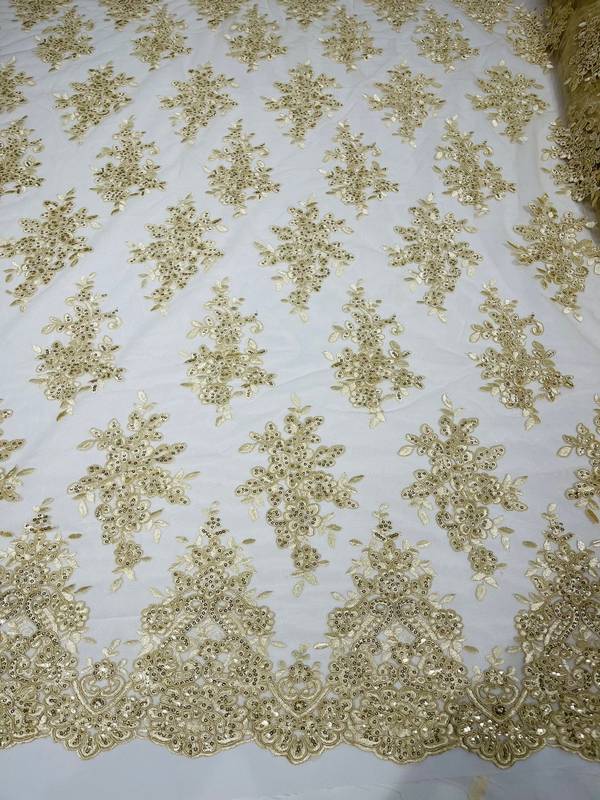 Fancy Lace Design - Light Champagne - Flower Embroidery Design Mesh Fabric By Yard