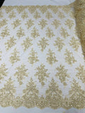 Fancy Lace Design - Light Champagne - Flower Embroidery Design Mesh Fabric By Yard