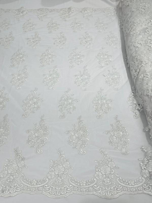 Flower Lace Fabric - White - Floral Clusters Embroidered on Mesh Lace Fabric
