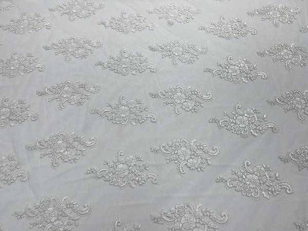 Flower Lace Fabric - White - Floral Clusters Embroidered on Mesh Lace Fabric