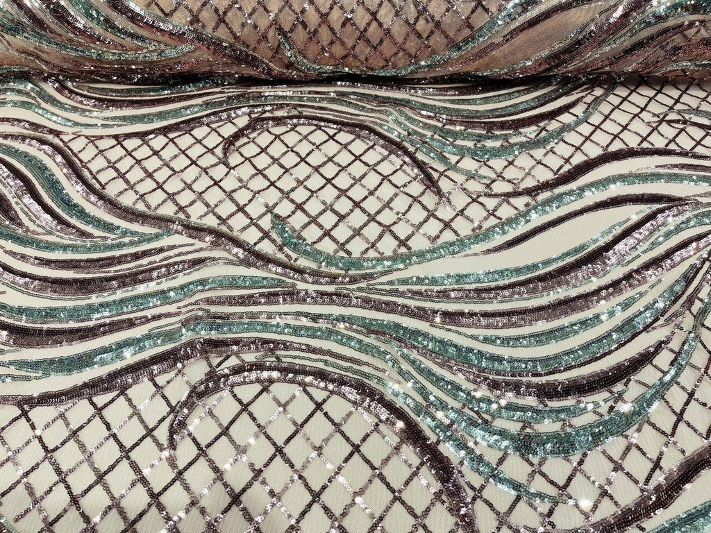 Two Tone Design - Dusty Rose / Silver - Wavy Lines Geometric Sequins Design 4 Way Stretch Sold By Yard