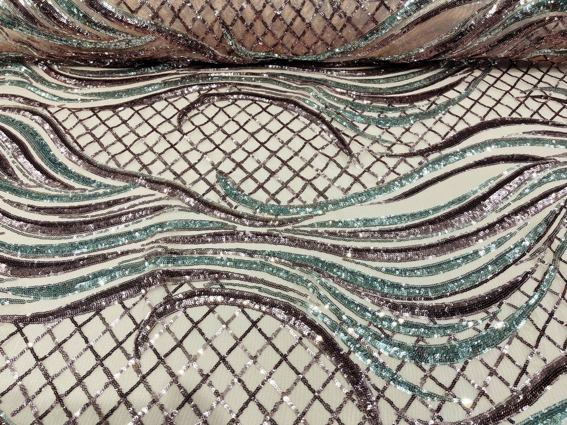 Two Tone Design - Dusty Rose / Silver - Wavy Lines Geometric Sequins Design 4 Way Stretch Sold By Yard
