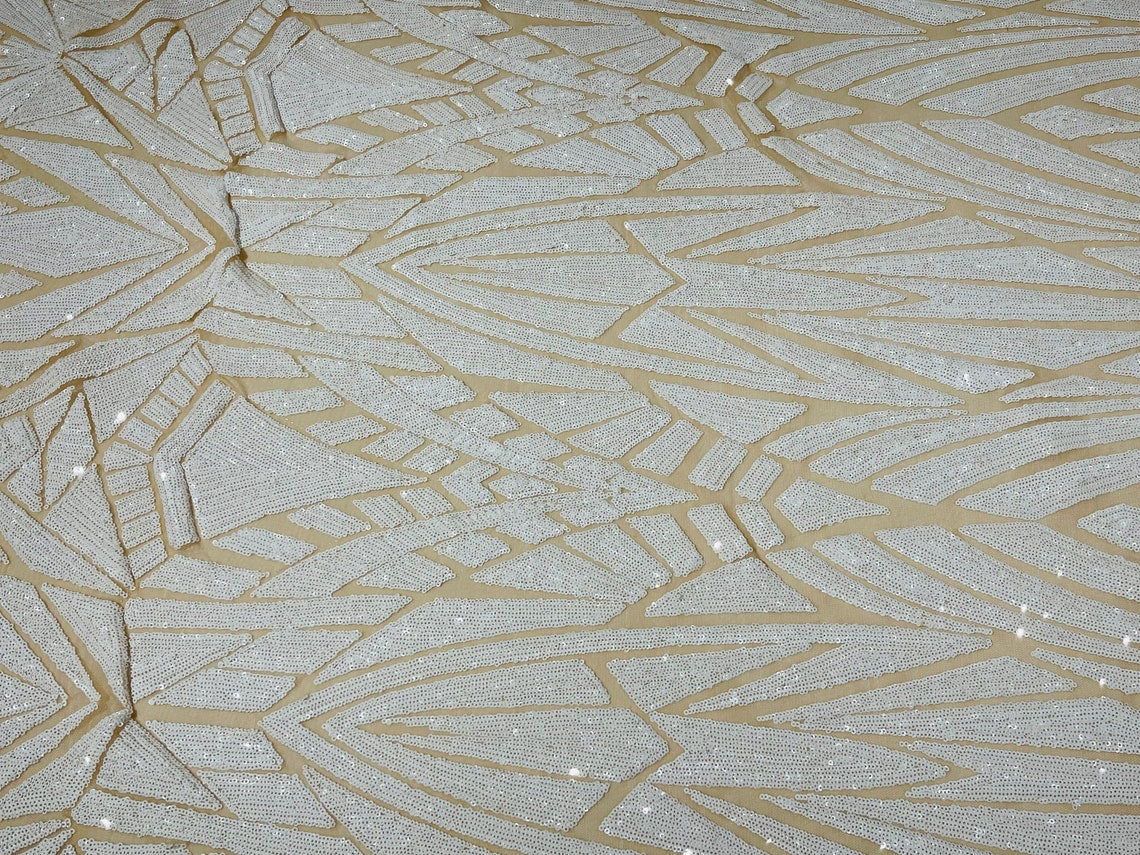 Geometric Fabric - White - Geometric Sequins Pattern Design 4 Way Stretch Sold By Yard