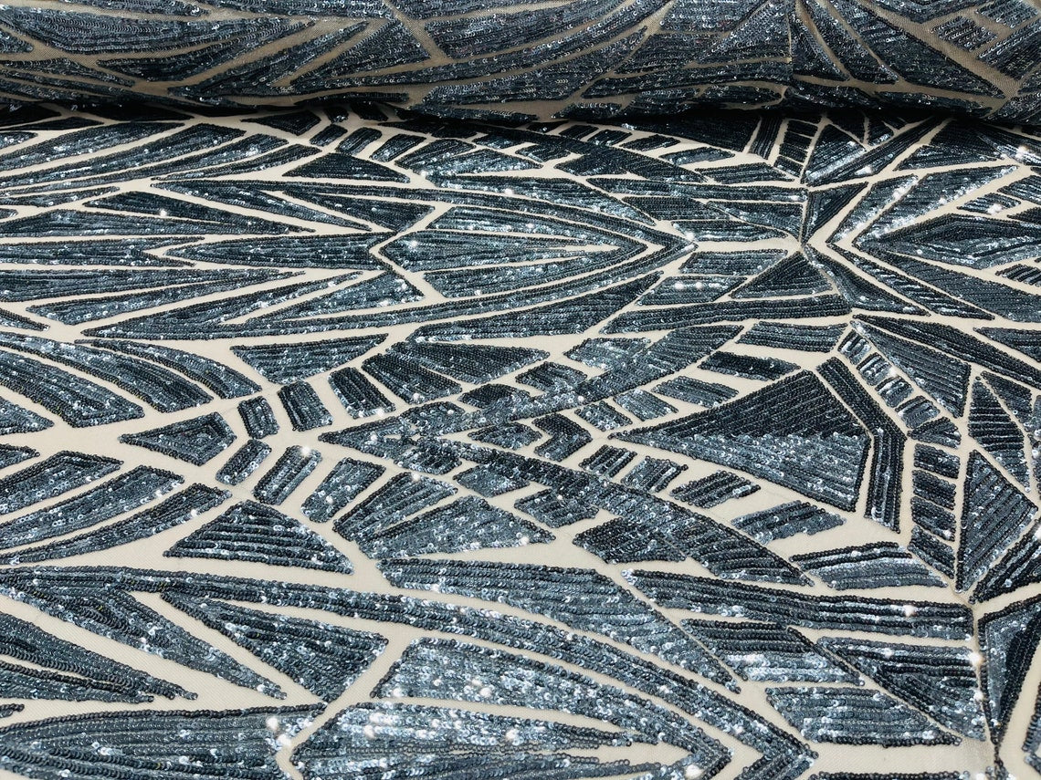 Geometric Fabric - Charcoal - Geometric Sequins Pattern Design 4 Way Stretch Sold By Yard