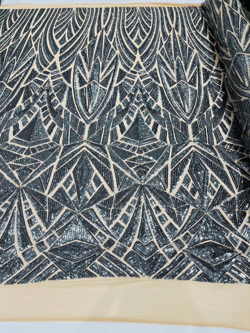 Geometric Fabric - Charcoal - Geometric Sequins Pattern Design 4 Way Stretch Sold By Yard