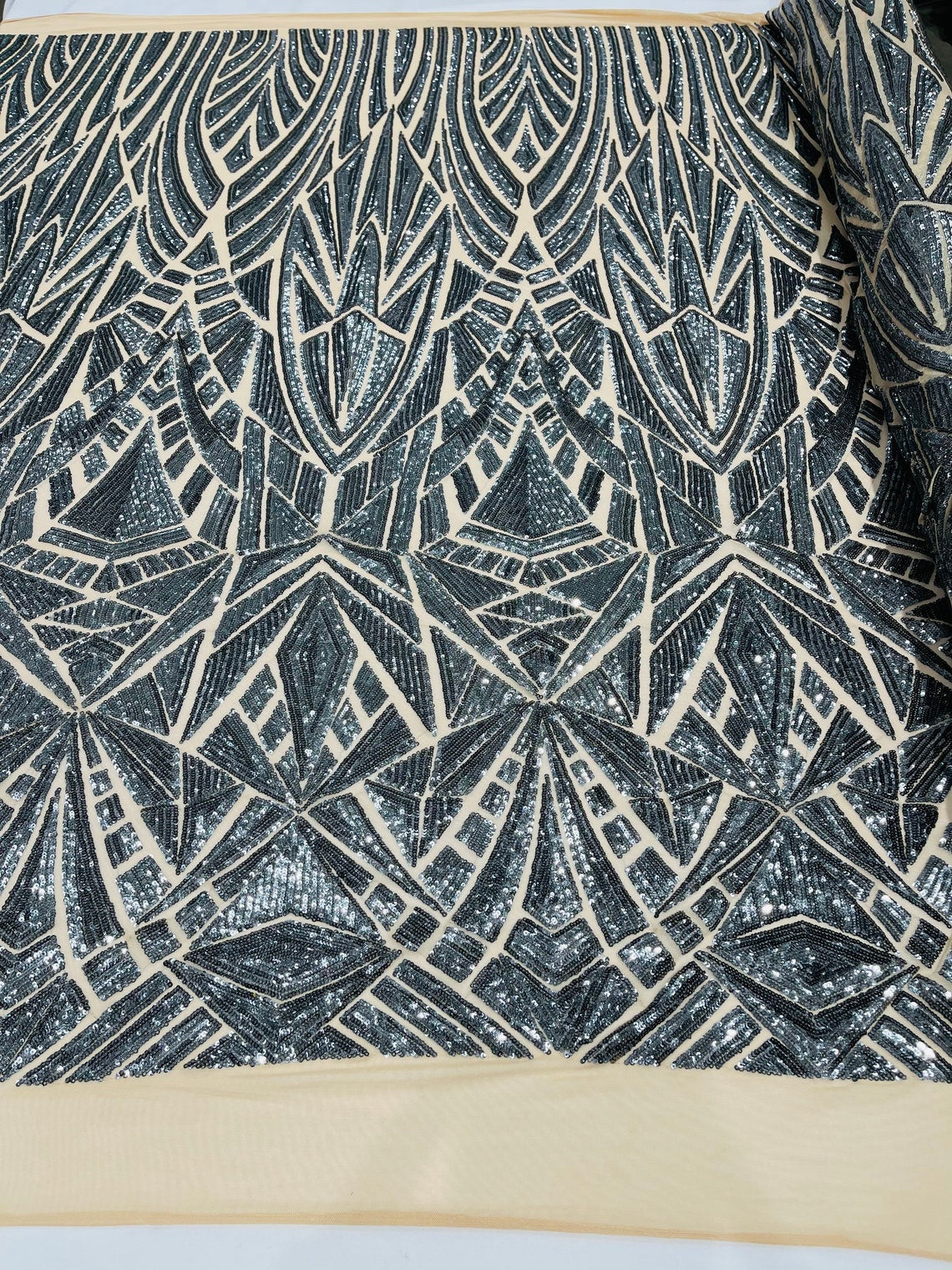 Geometric Fabric - Charcoal - Geometric Sequins Pattern Design 4 Way Stretch Sold By Yard