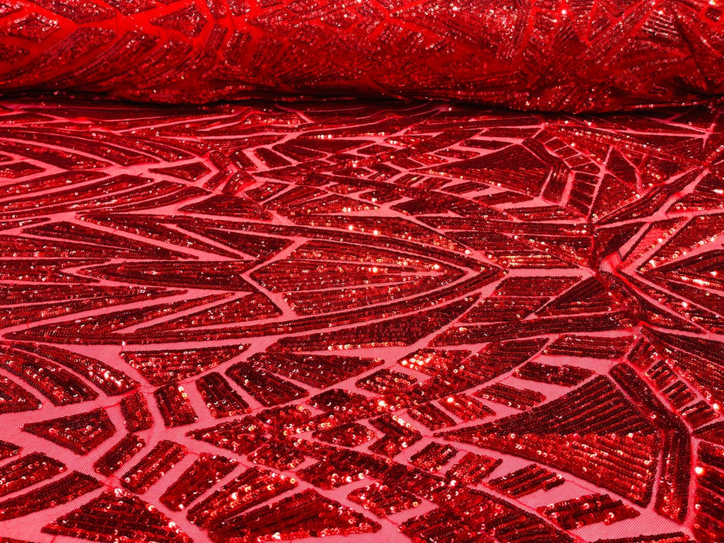 Geometric Fabric - Red - Geometric Sequins Pattern Design 4 Way Stretch Sold By Yard