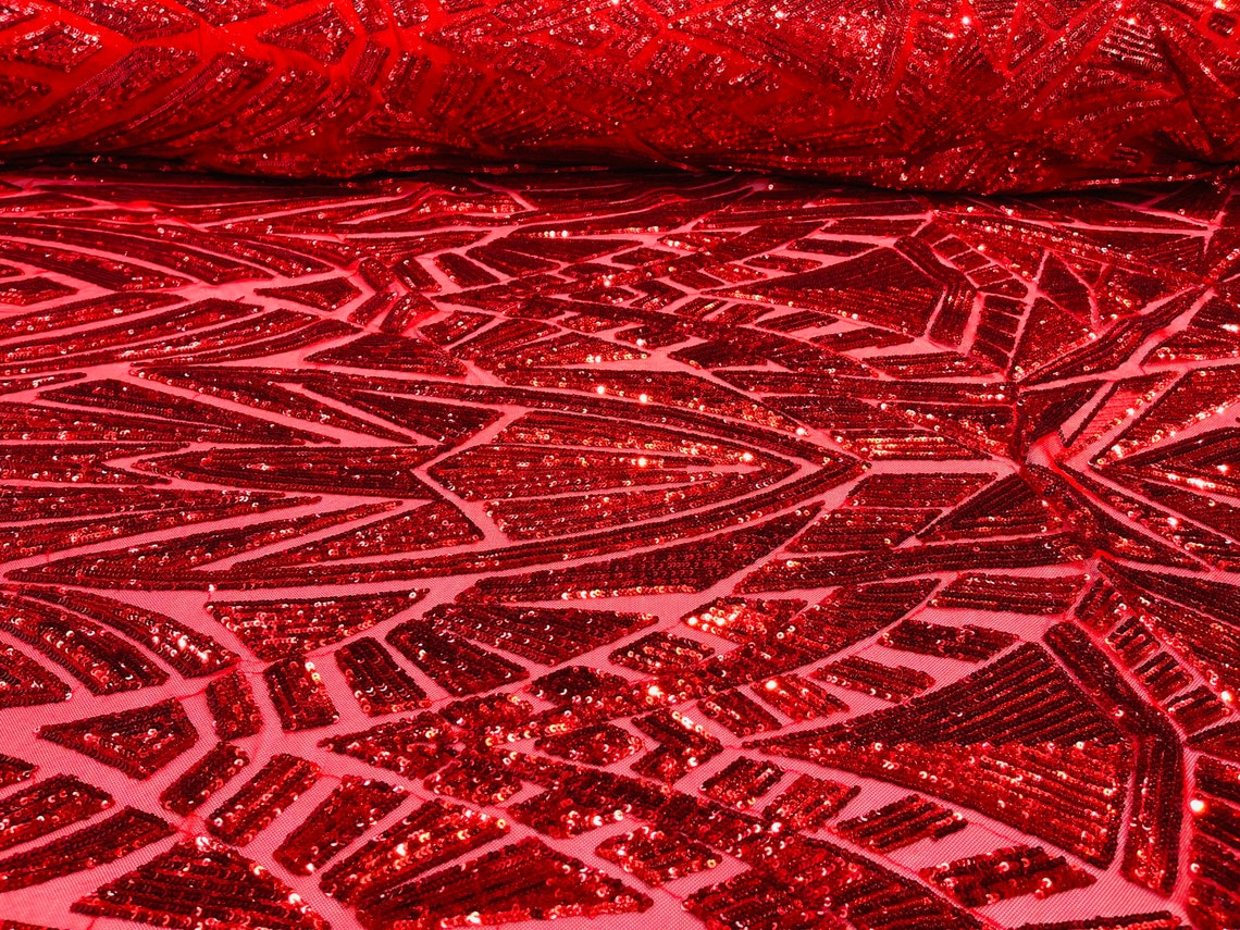 Geometric Fabric - Red - Geometric Sequins Pattern Design 4 Way Stretch Sold By Yard