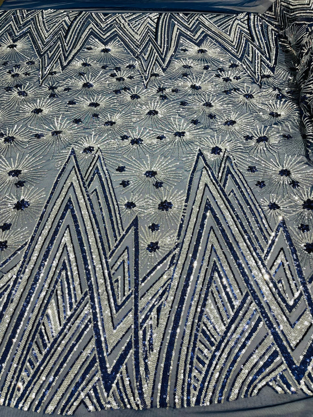 Geometric Sequins Fabric - Navy/Silver - Triangle Firework Pattern 4 Way Stretch Sold By Yard