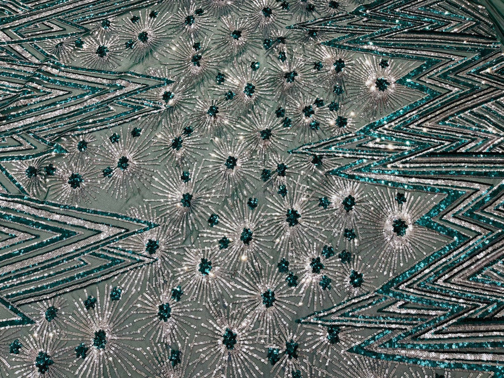 Geometric Sequins Fabric - Hunter Green - Triangle Firework Pattern 4 Way Stretch Sold By Yard