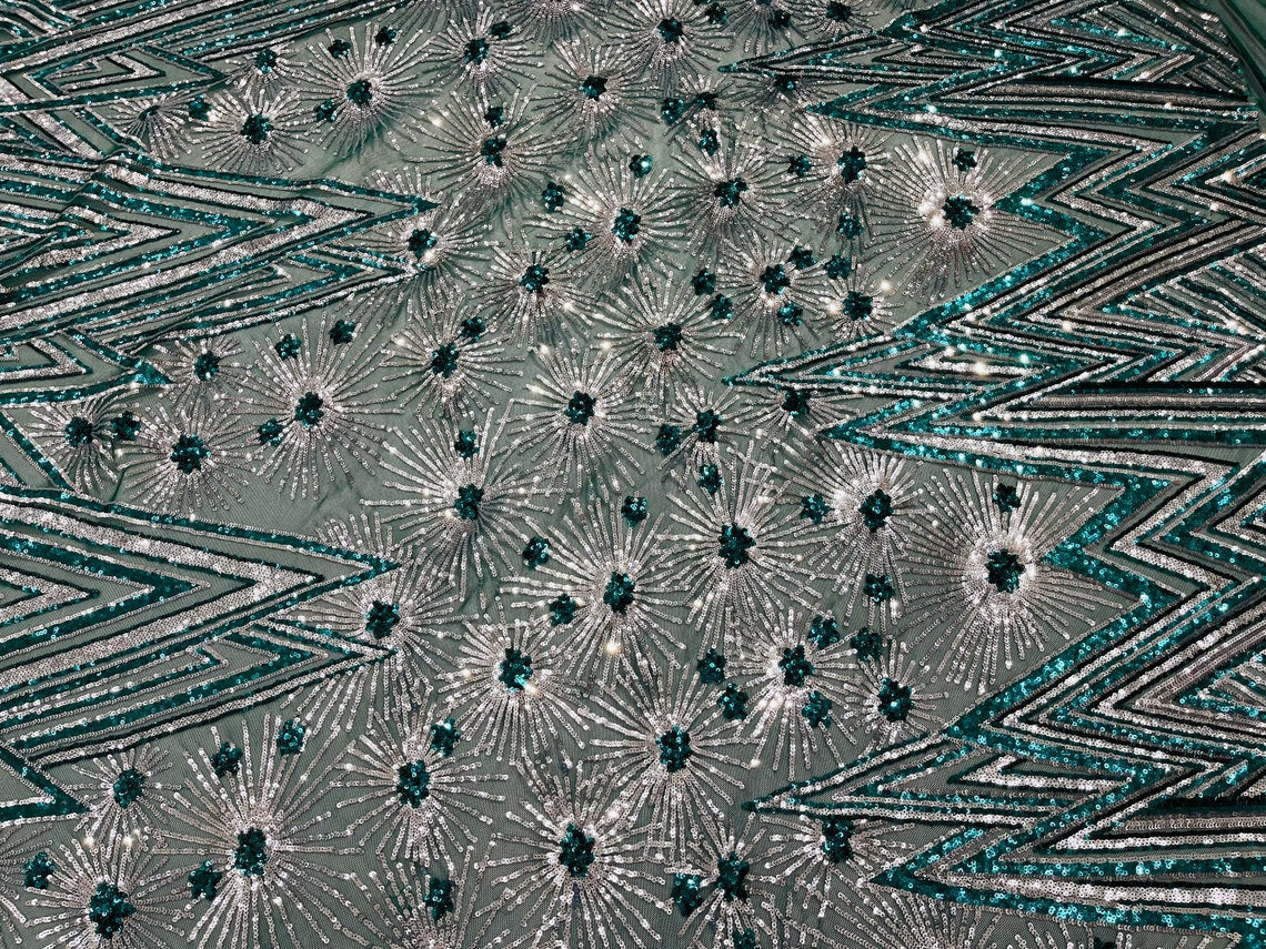 Geometric Sequins Fabric - Hunter Green - Triangle Firework Pattern 4 Way Stretch Sold By Yard
