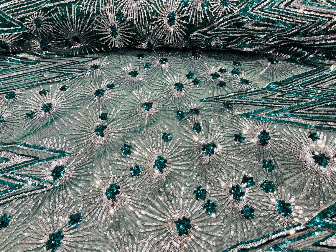 Geometric Sequins Fabric - Hunter Green - Triangle Firework Pattern 4 Way Stretch Sold By Yard