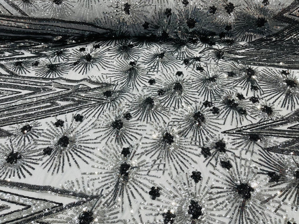 Geometric Sequins Fabric - Charcoal - Triangle Firework Pattern 4 Way Stretch Sold By Yard