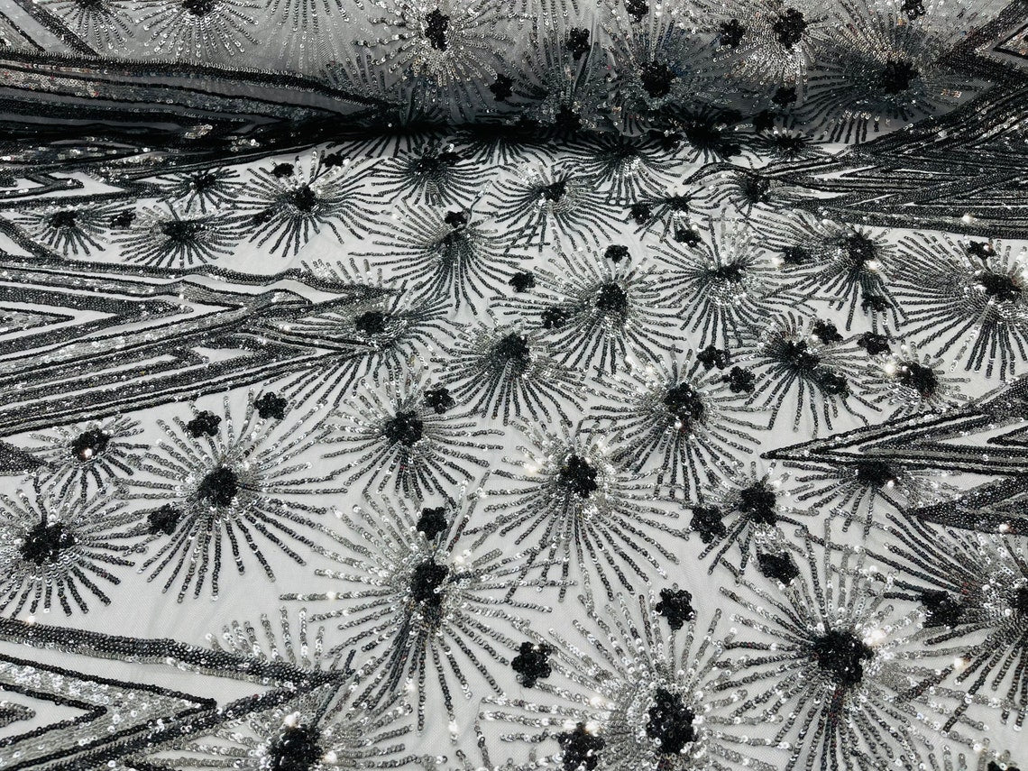 Geometric Sequins Fabric - Charcoal - Triangle Firework Pattern 4 Way Stretch Sold By Yard