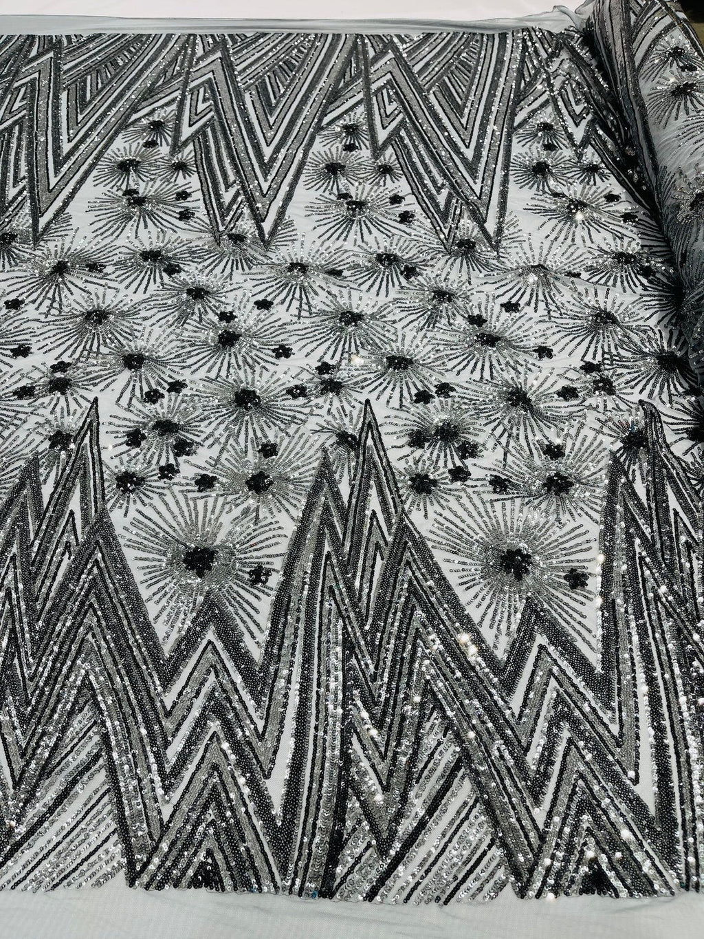 Geometric Sequins Fabric - Charcoal - Triangle Firework Pattern 4 Way Stretch Sold By Yard