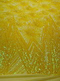 Geometric Sequins Fabric - Iridescent Yellow - Triangle Firework Pattern 4 Way Stretch Sold By Yard