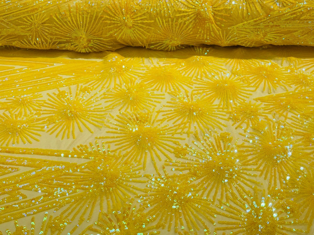 Geometric Sequins Fabric - Iridescent Yellow - Triangle Firework Pattern 4 Way Stretch Sold By Yard