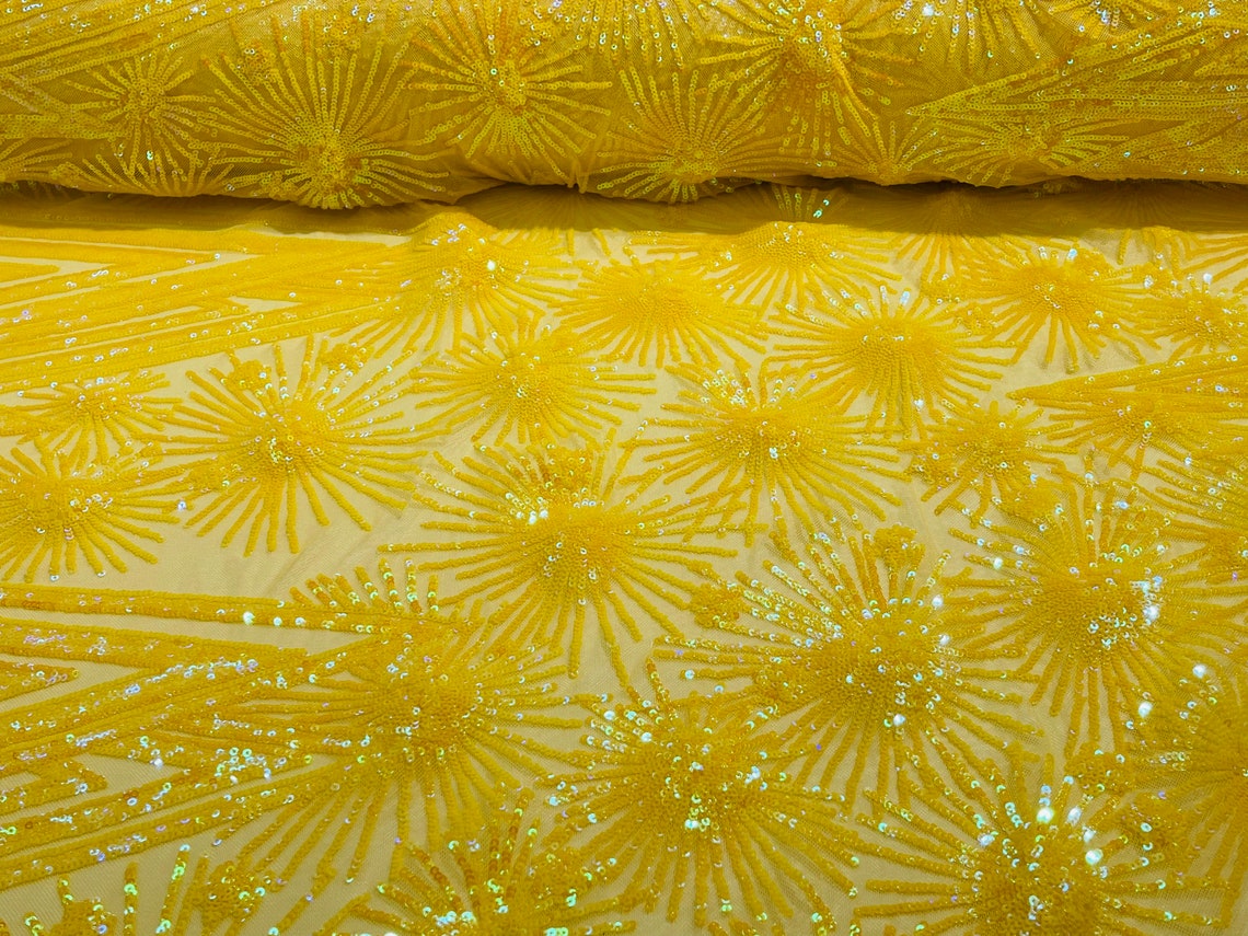 Geometric Sequins Fabric - Iridescent Yellow - Triangle Firework Pattern 4 Way Stretch Sold By Yard