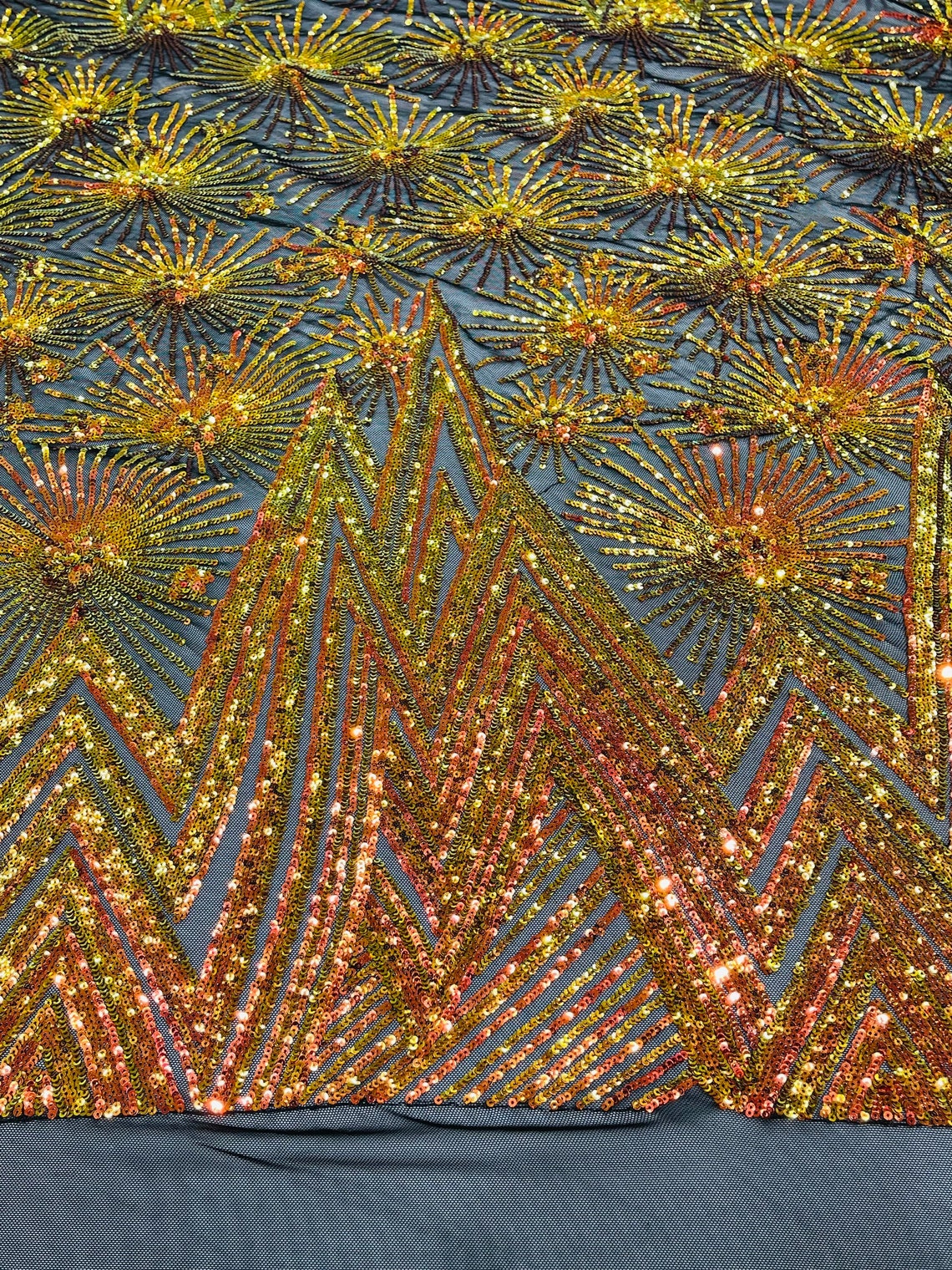 Geometric Sequins Fabric - Iridescent Orange - Triangle Firework Pattern 4 Way Stretch Sold By Yard