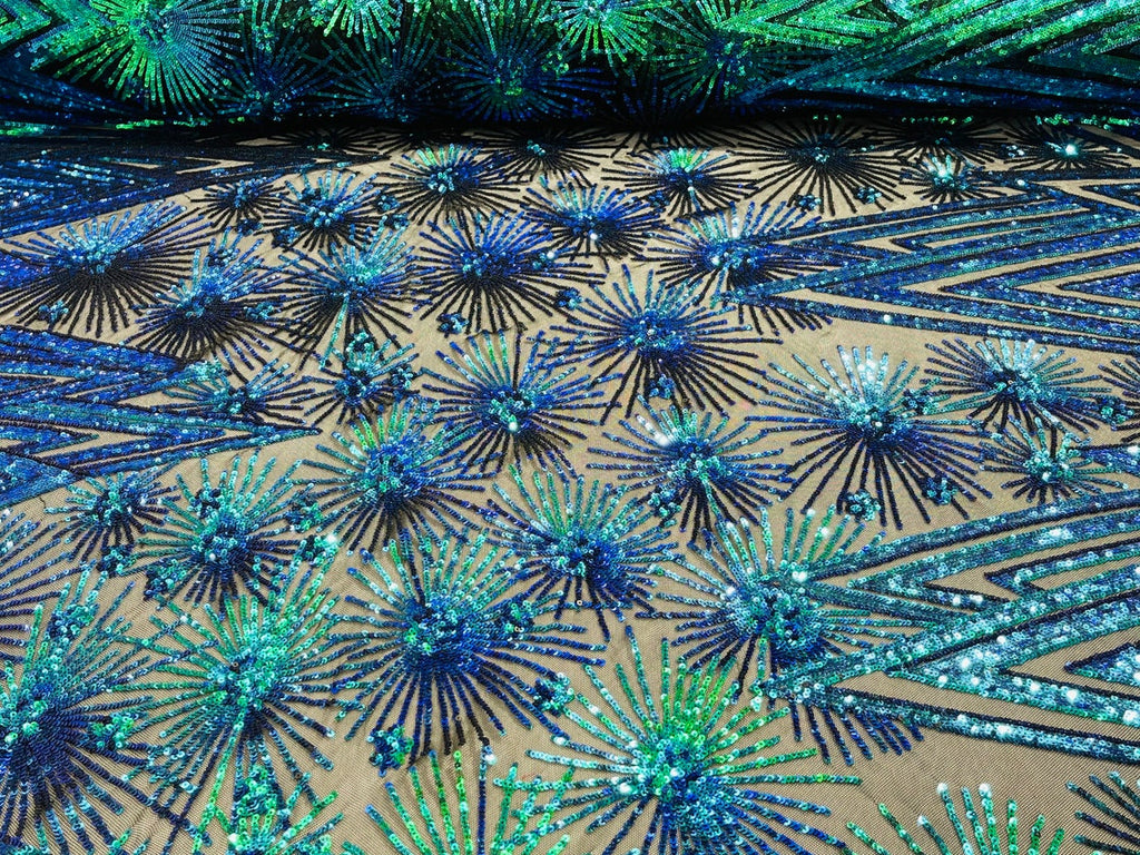 Geometric Sequins Fabric - Iridescent Green - Triangle Firework Pattern 4 Way Stretch Sold By Yard