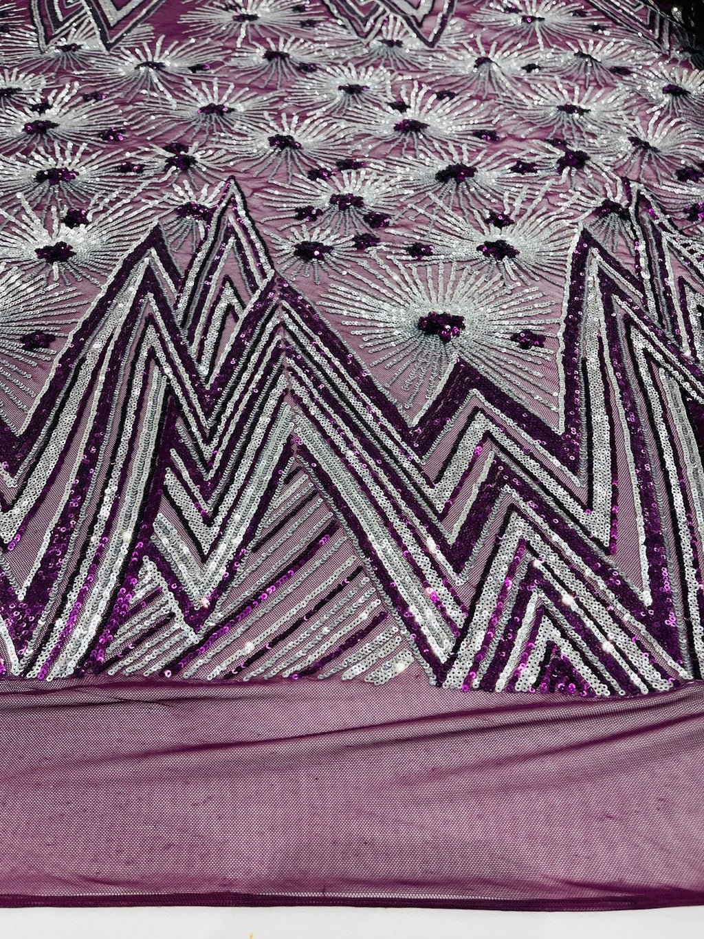 Geometric Sequins Fabric - Purple/Silver - Triangle Firework Pattern 4 Way Stretch Sold By Yard