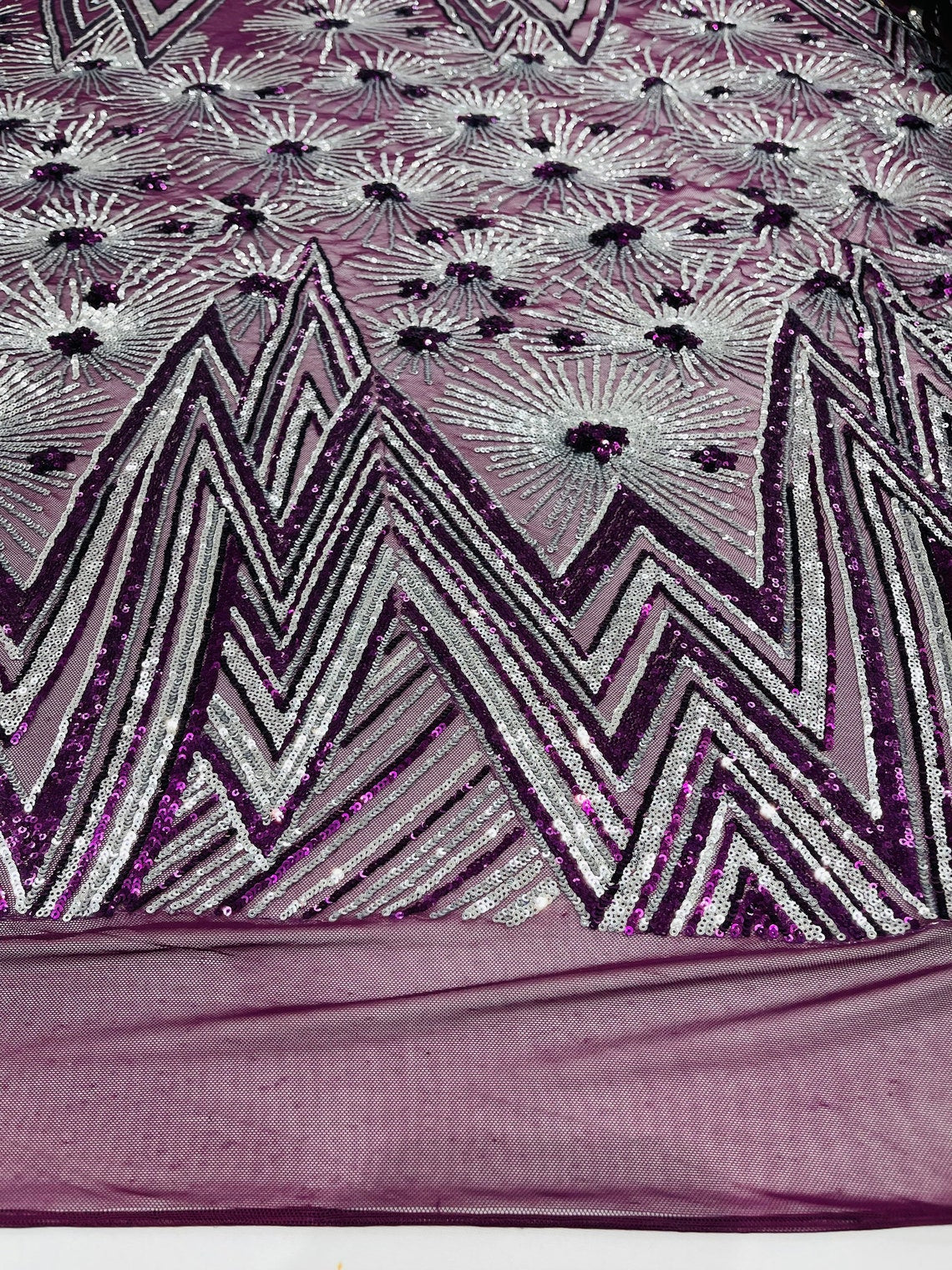 Geometric Sequins Fabric - Purple/Silver - Triangle Firework Pattern 4 Way Stretch Sold By Yard