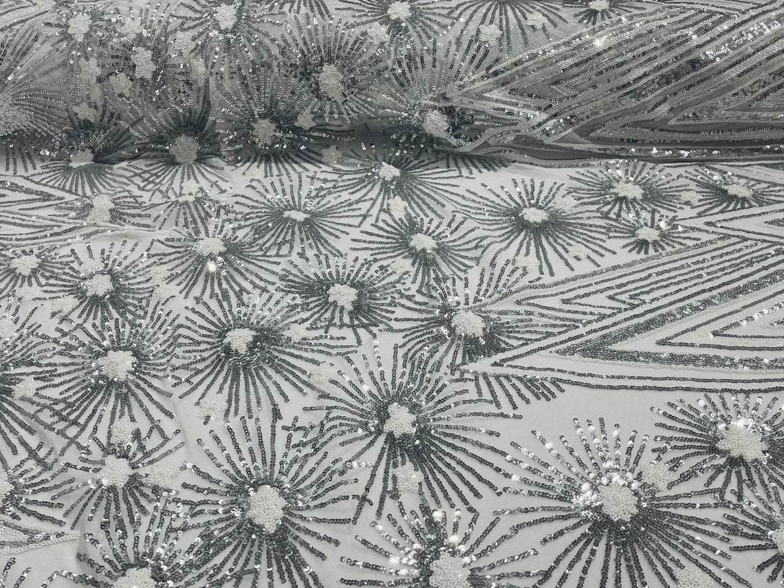 Geometric Sequins Fabric - Silver/ White - Triangle Firework Pattern 4 Way Stretch Sold By Yard