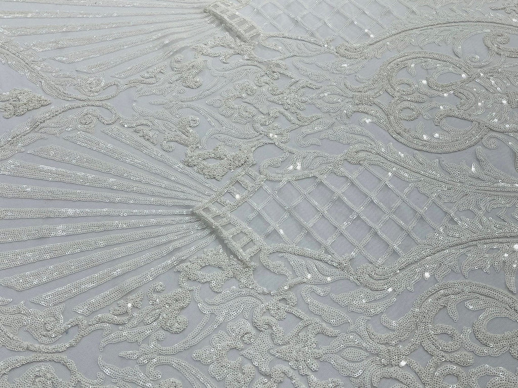 Damask Geometric Sequins - White - 4 Way Stretch Sequins Damask Pattern Design Sold By Yard