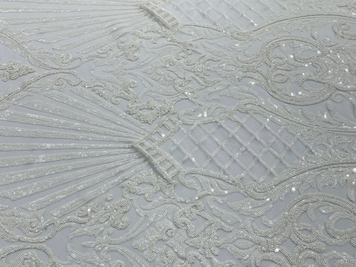 Damask Geometric Sequins - White - 4 Way Stretch Sequins Damask Pattern Design Sold By Yard
