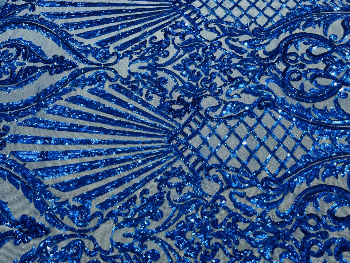 Damask Geometric Sequins - Royal Blue - 4 Way Stretch Sequins Damask Pattern Design Sold By Yard