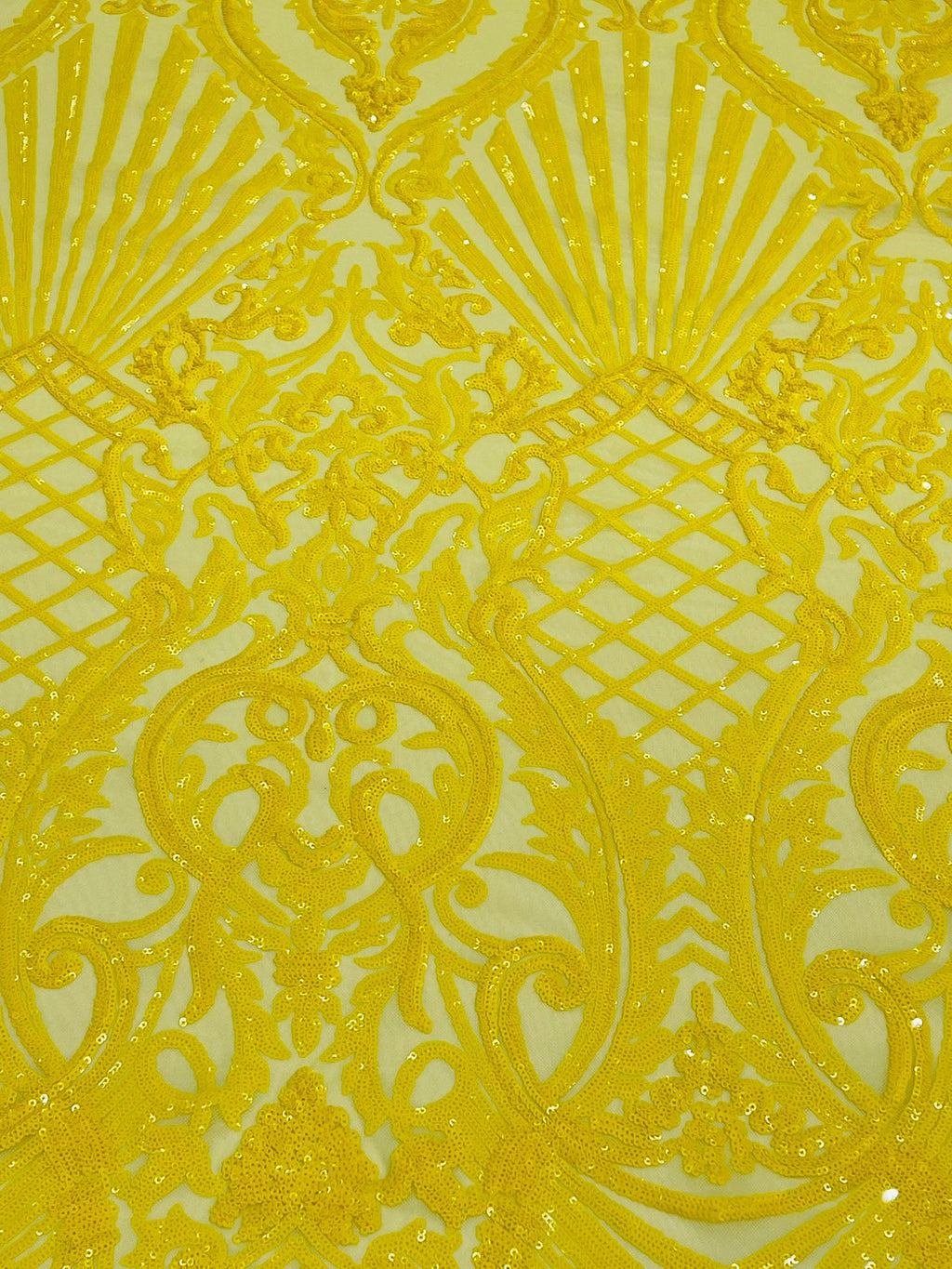 Damask Geometric Sequins - Yellow - 4 Way Stretch Sequins Damask Pattern Design Sold By Yard