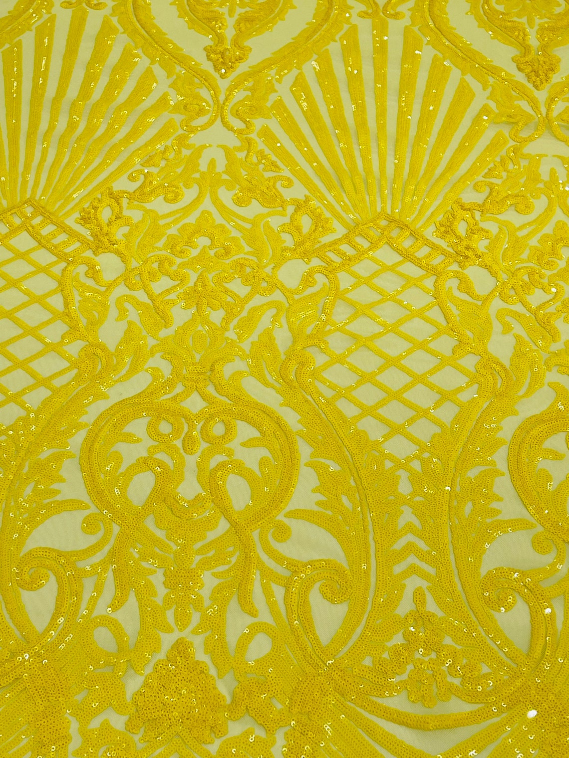 Damask Geometric Sequins - Yellow - 4 Way Stretch Sequins Damask Pattern Design Sold By Yard