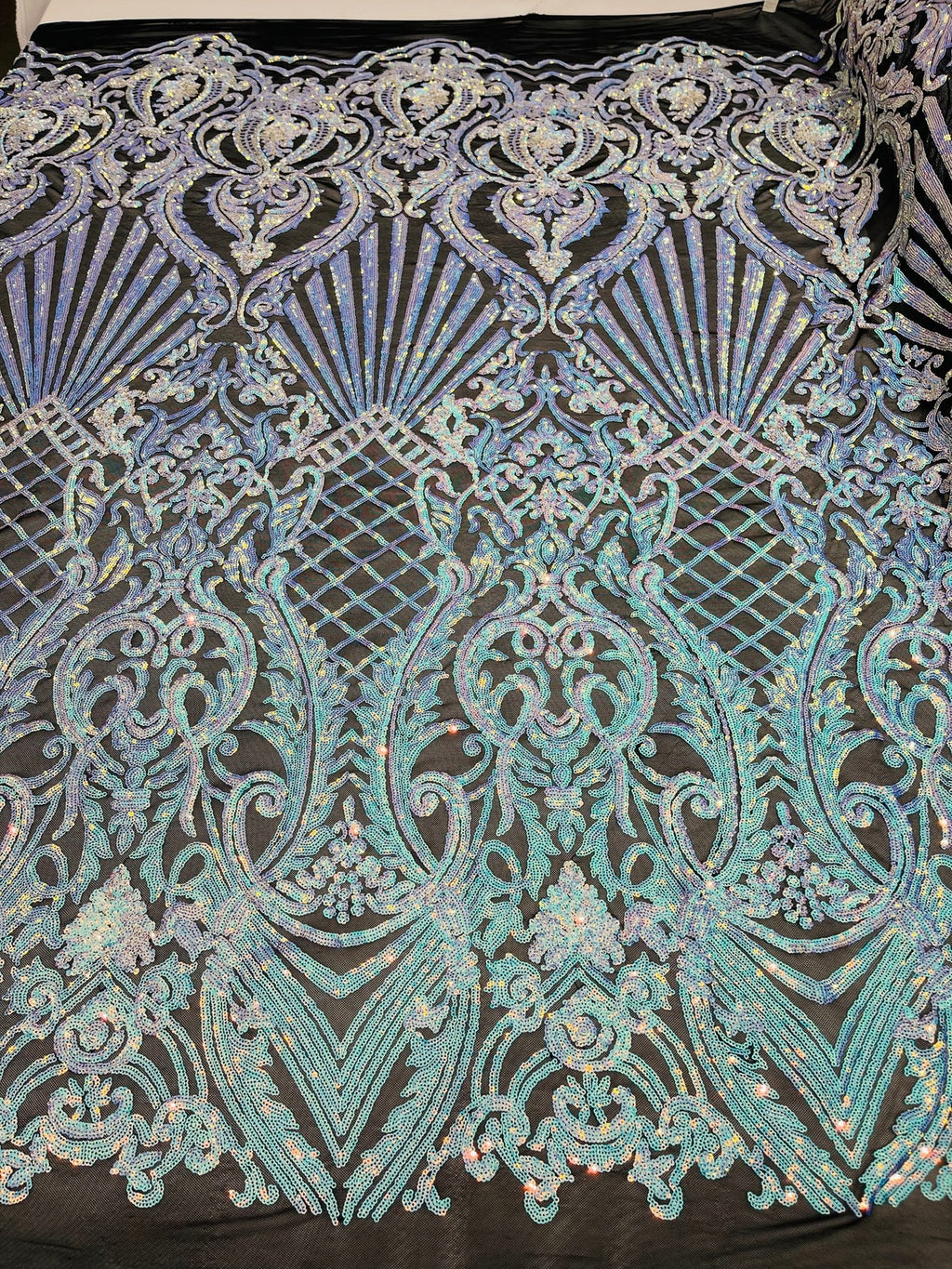 Damask Geometric Sequins - Unicorn - 4 Way Stretch Sequins Damask Pattern Design Sold By Yard