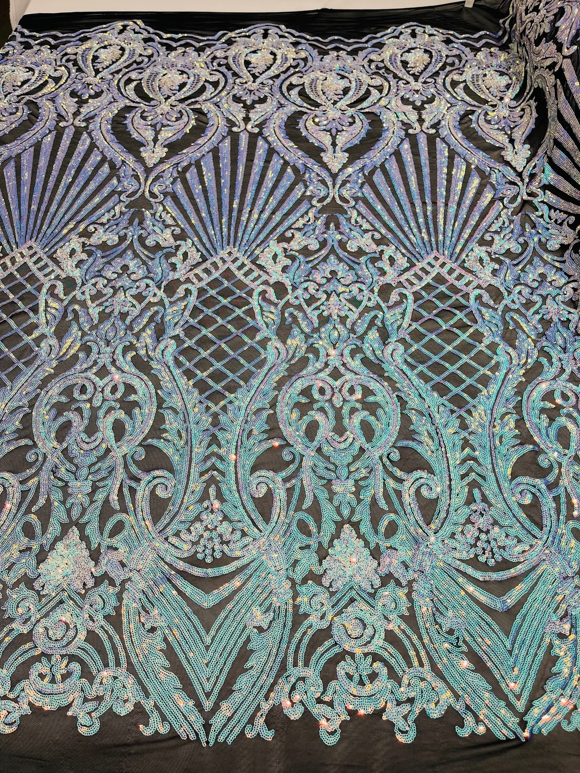 Damask Geometric Sequins - Unicorn - 4 Way Stretch Sequins Damask Pattern Design Sold By Yard