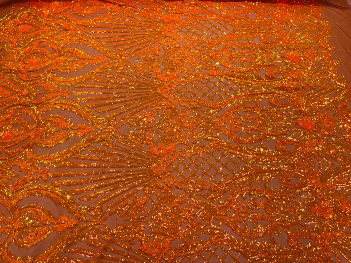 Damask Geometric Sequins - Orange - 4 Way Stretch Sequins Damask Pattern Design Sold By Yard