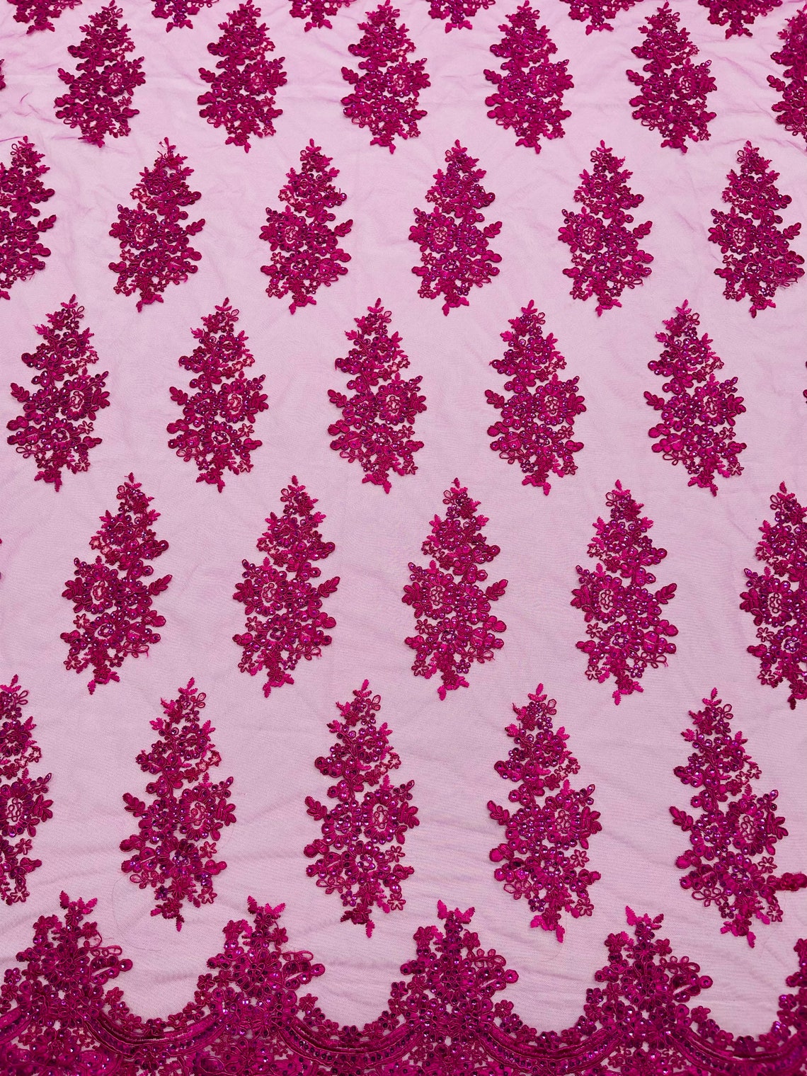Flower Lace Fabric - Magenta - Fancy Embroidery Design With Sequins on a Mesh