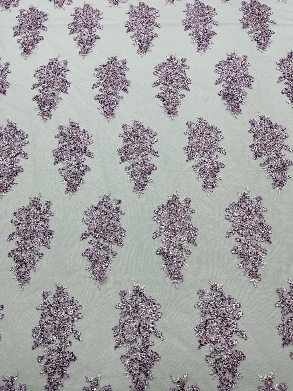 Flower Lace Fabric - Lilac - Fancy Embroidery Design With Sequins on a Mesh