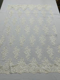 Flower Lace Fabric - Ivory - Fancy Embroidery Design With Sequins on a Mesh