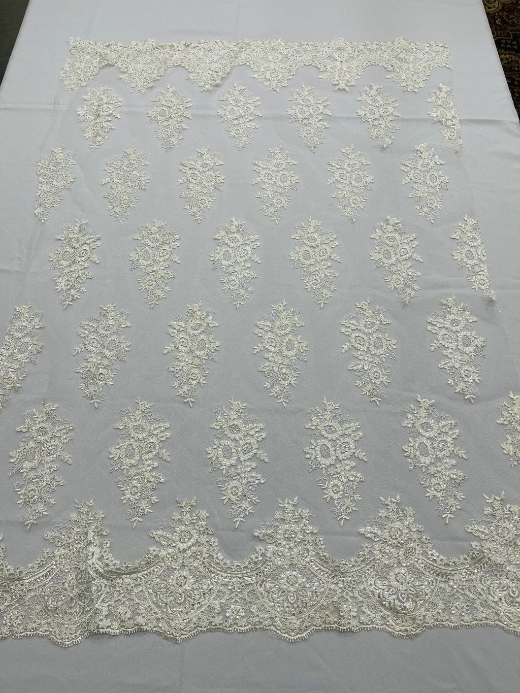 Flower Lace Fabric - Ivory - Fancy Embroidery Design With Sequins on a Mesh
