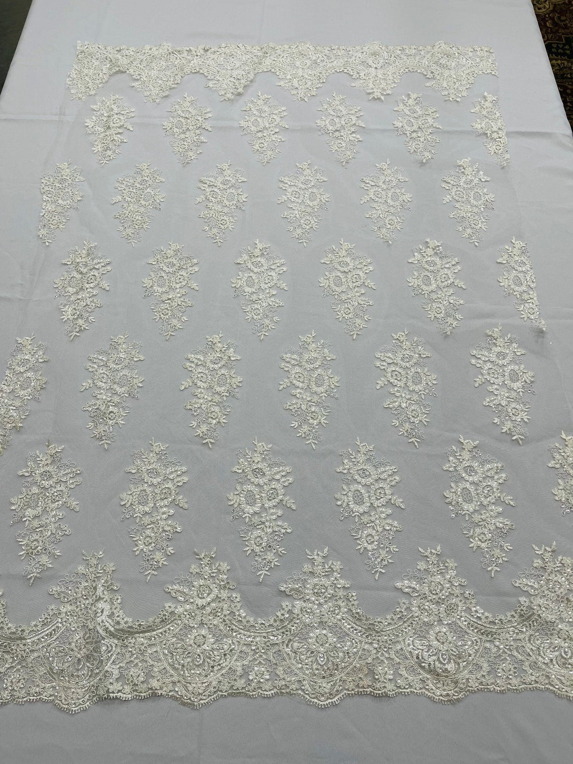 Flower Lace Fabric - Ivory - Fancy Embroidery Design With Sequins on a Mesh