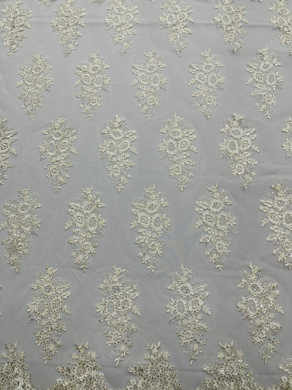 Flower Lace Fabric - Ivory - Fancy Embroidery Design With Sequins on a Mesh
