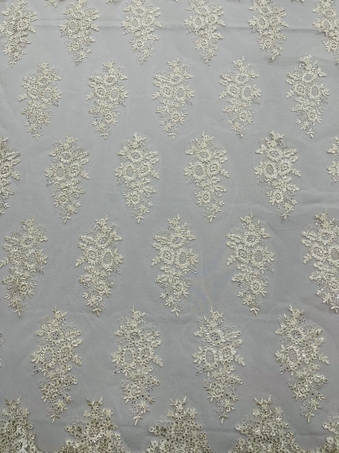 Flower Lace Fabric - Ivory - Fancy Embroidery Design With Sequins on a Mesh