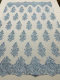 Flower Lace Fabric - Baby Blue - Fancy Embroidery Design With Sequins on a Mesh