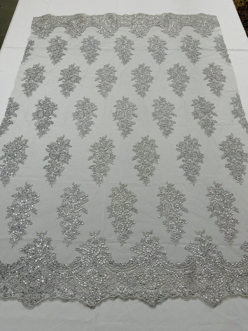 Flower Lace Fabric - Metallic Silver - Fancy Embroidery Design With Sequins on a Mesh